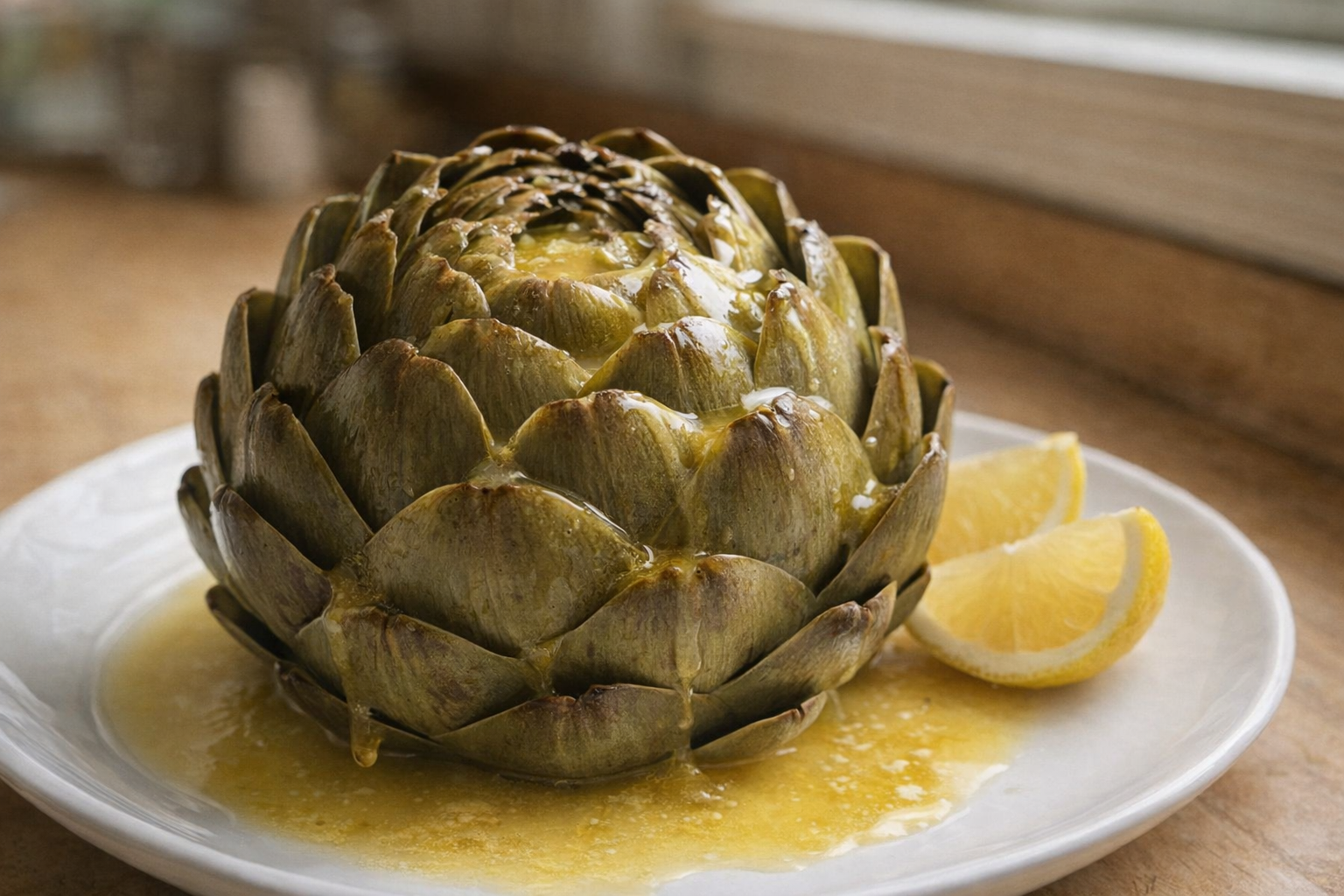 A close-up shot of a whole boiled artichoke on a white plate, drizzled with melted butter, lemon wedges on the side, soft natural light